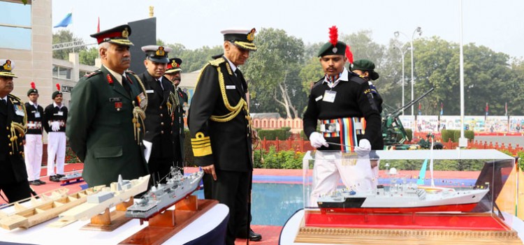 admiral karambir singh inspecting the different models at display, at the ncc republic day camp