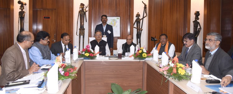 rajnath singh reviewing the meeting with the cm raman singh