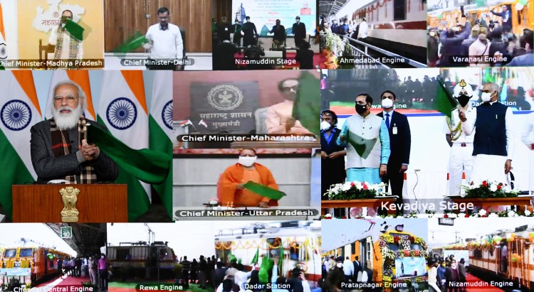 narendra modi flagging off eight trains connecting different regions of the country