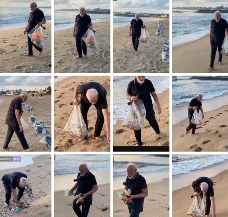 prime minister cleans on the mamallapuram coast