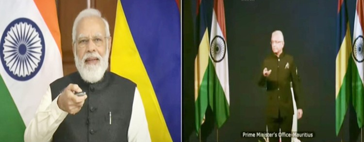 pm narendra modi inaugurating various projects with the prime minister of mauritius