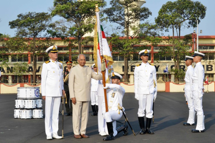 ram nath kovind presenting the president's colour to the ins shivaji
