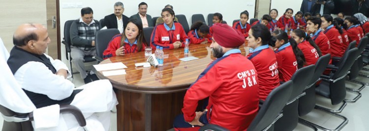 home minister rajnath singh and j & k women football players