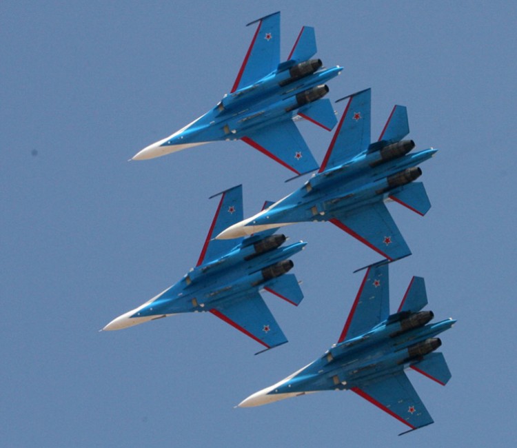 russian knights aerobatic team performing at aero india 2013 air show