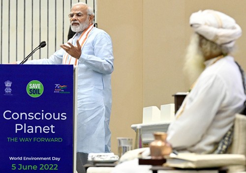 pm addressing at the 'save soil' programme organised by isha foundation