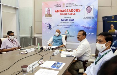 rajnath singh chairing the ambassadors' round-table virtual conference on aero india